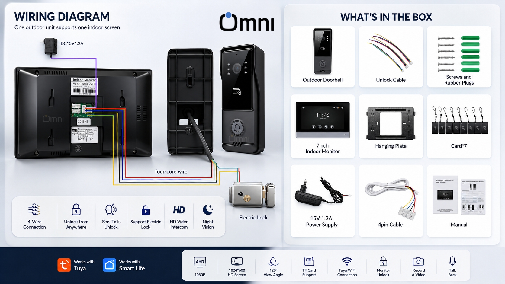 VDP-27-TS 4-wire video intercom wiring diagram showing outdoor camera to indoor 7-inch touch screen connection with DC 12V power and electric lock terminals