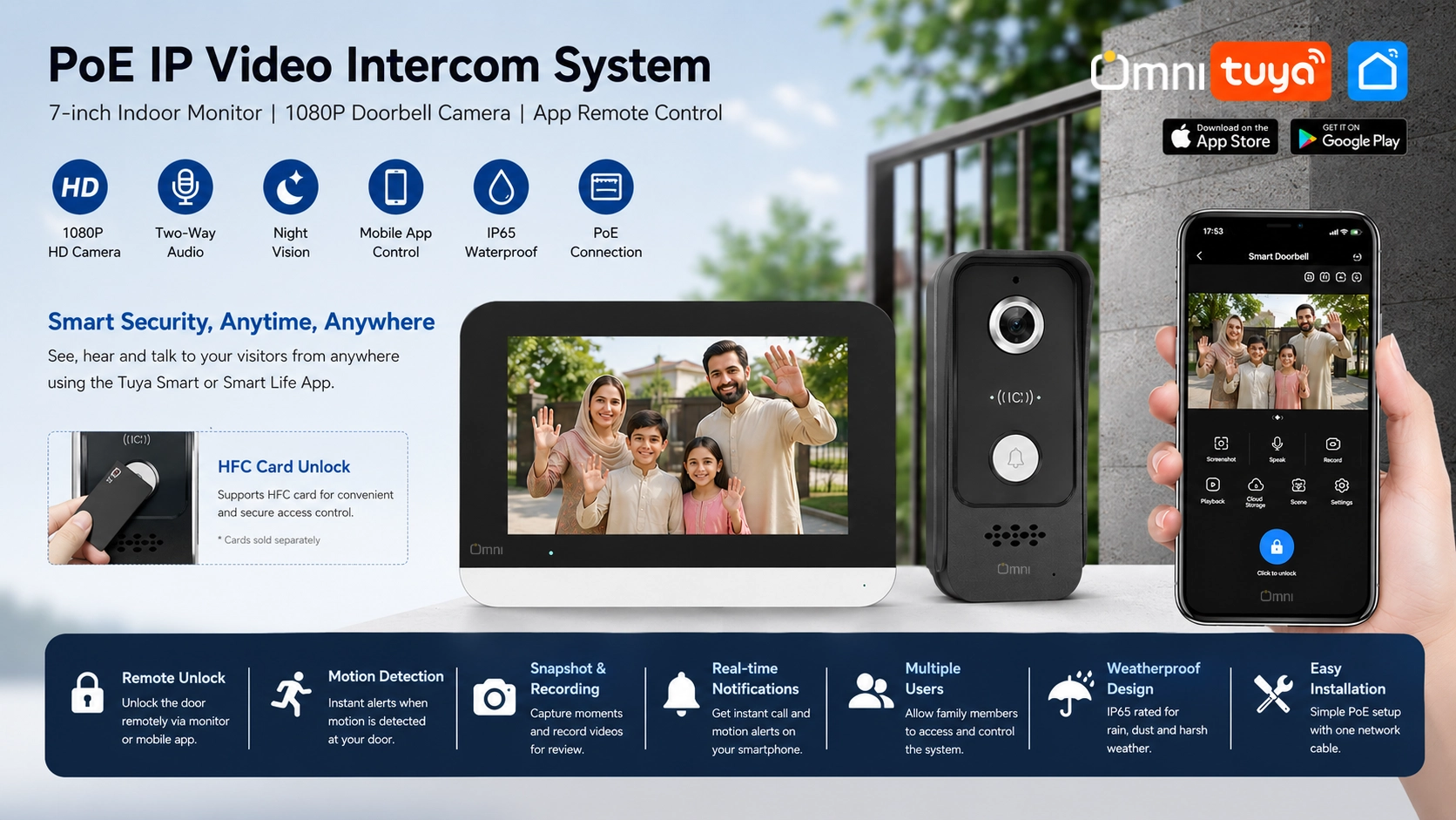 OMNI Smart VDP-27-CAT smart video doorbell infographic showing 7-inch touch screen, 1080p HD camera, Tuya app, IP network, door unlock, and weatherproof features for Pakistani homes and offices