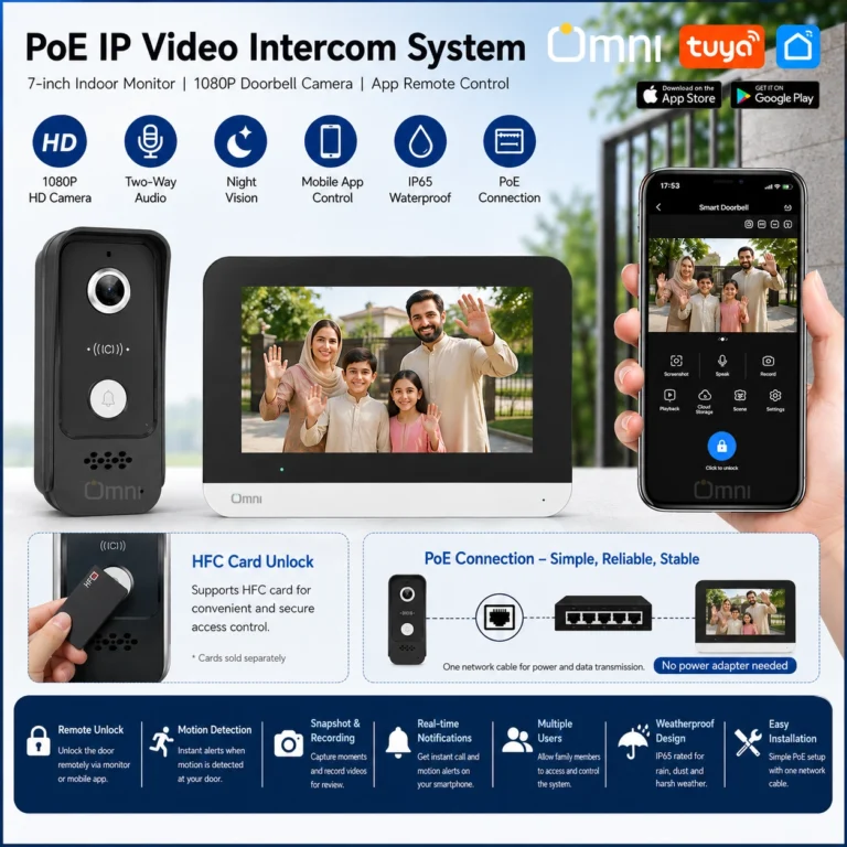OMNI Smart VDP-27-CAT smart video doorbell with 7-inch touch screen and outdoor 1080p HD camera, Tuya Smart Life app, IP network connection, available in Pakistan