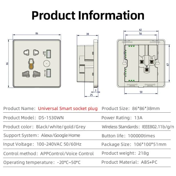 universal smart wall socket with usb port specification