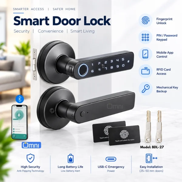 BDL-27 smart door handle lock with fingerprint, keypad and card access