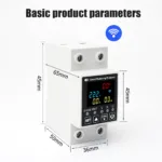 Smart WiFi MCB Breaker with ELCB and RCCB protection showing detailed product dimensions and size guide for DIN rail installation in Pakistan