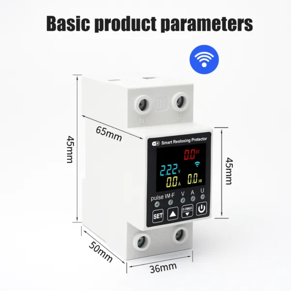 Smart WiFi MCB Breaker with ELCB and RCCB protection showing detailed product dimensions and size guide for DIN rail installation in Pakistan
