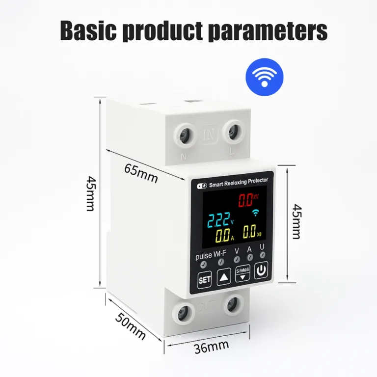 Smart WiFi MCB Breaker with ELCB and RCCB protection showing detailed product dimensions and size guide for DIN rail installation in Pakistan