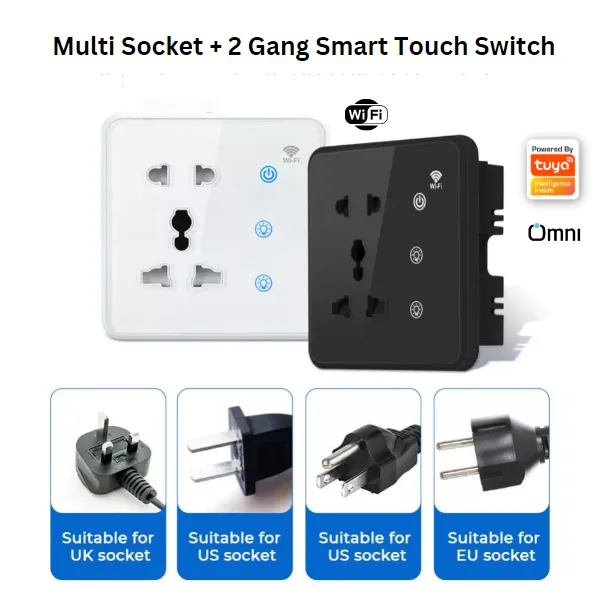 2 Gang Smart Touch Switch Plate + Multi Socket