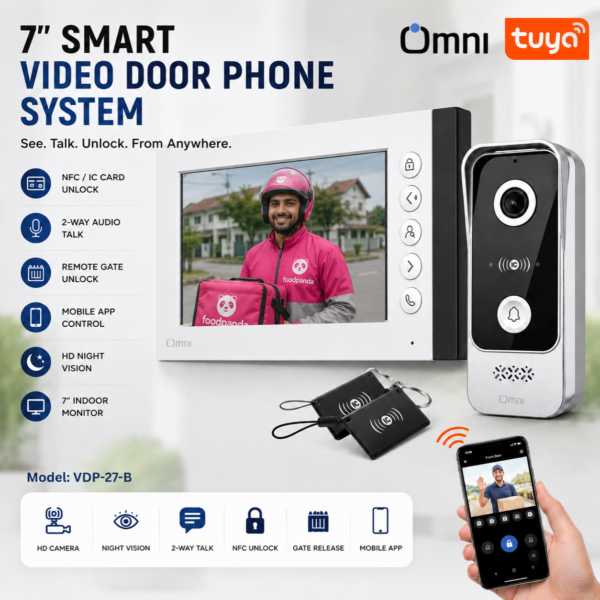 OMNI Smart VDP-27-B home intercom device with 7-inch screen and physical buttons, paired with outdoor 1080p HD camera, best intercom price in Pakistan
