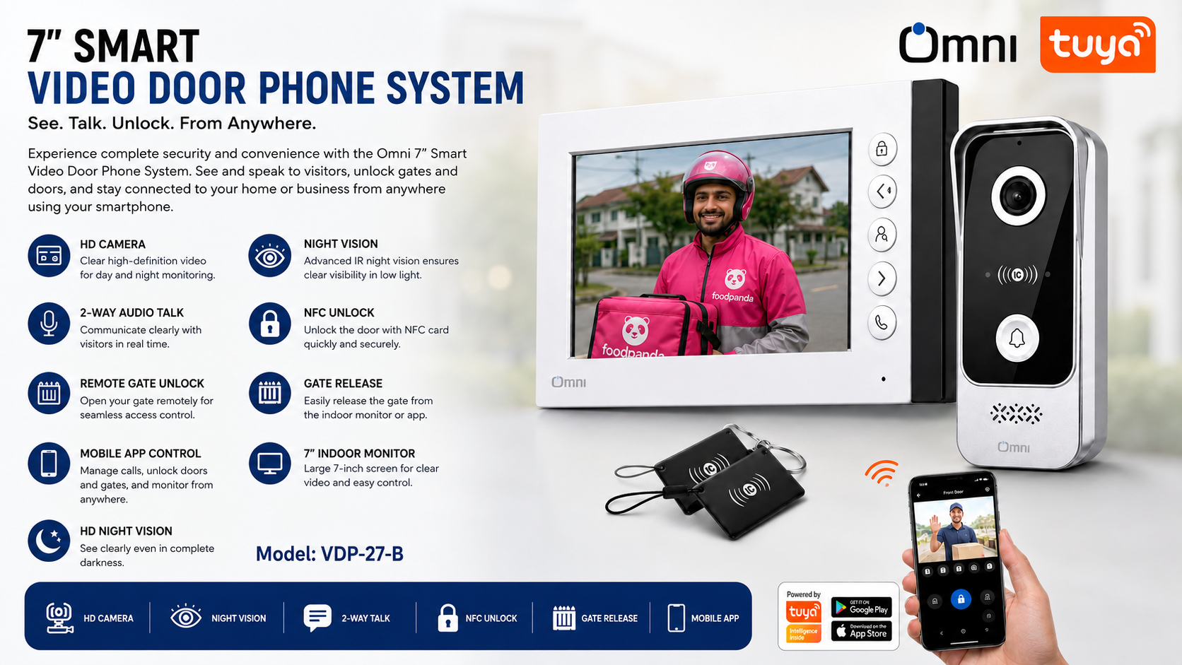 OMNI Smart VDP-27-B home intercom device infographic showing 7-inch screen, physical buttons, 1080p HD camera, door unlock, Tuya app support, and weatherproof features for Pakistan