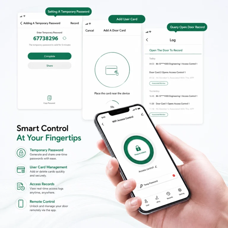 Tuya app showing remote unlock and access logs for fingerprint access control