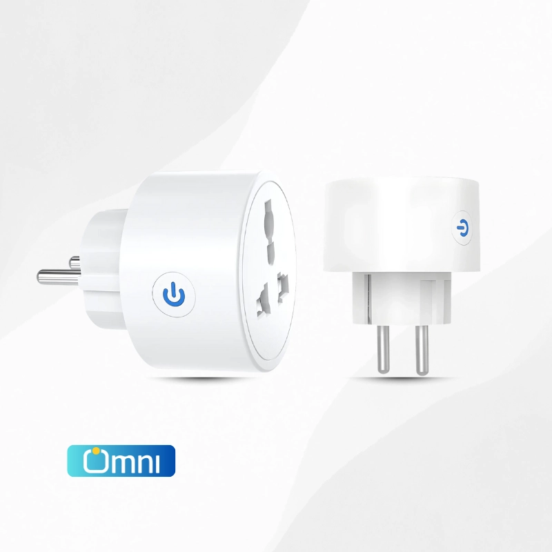 A detailed close-up of the Omni Smart Socket, highlighting its universal design with a two-pin socket compatible with all plug types.