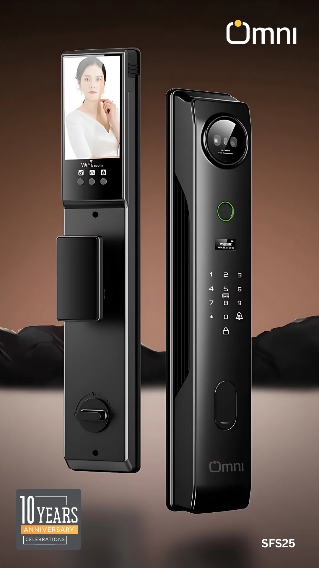 Smart door lock displayed in isolation with sleek black finish, minimalist design, and illuminated interface