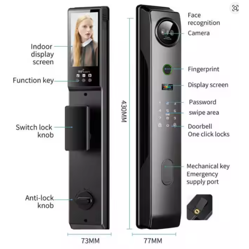 Smart door lock diagram showing product dimensions and labeled components including HD camera, numeric keypad, and fingerprint scanne