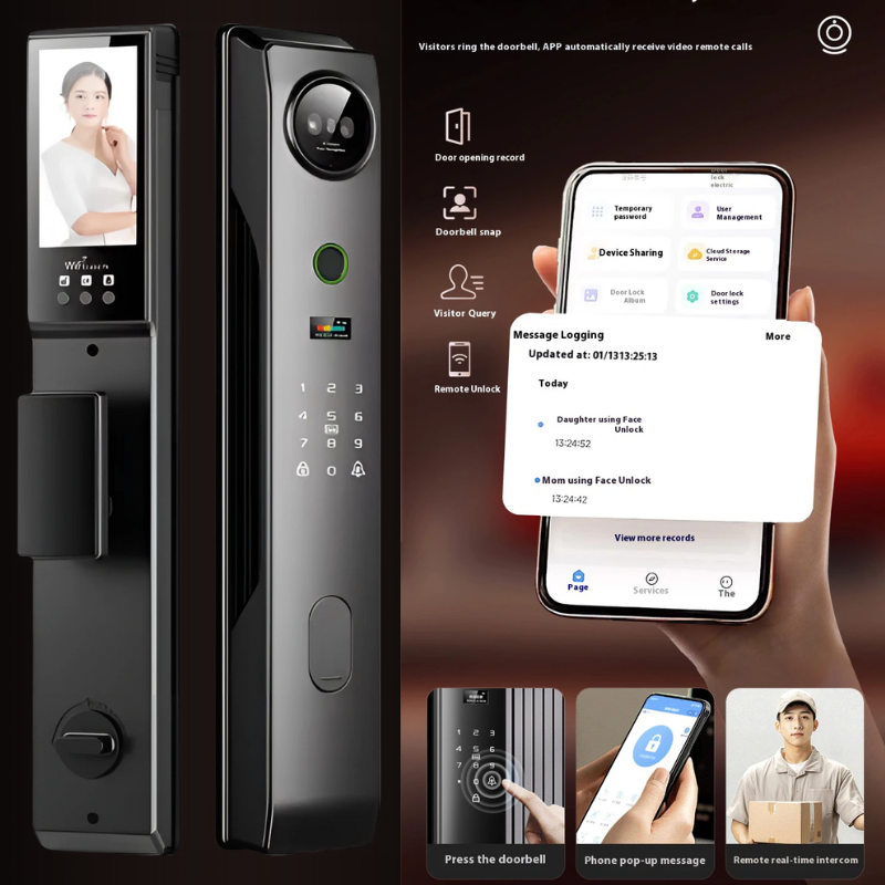 Smart lock mobile app interface showing live camera feed, remote unlock button, access history, and user management options