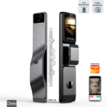 Front view of Smart Lock highlighting the illuminated Video Doorbell button and HD Camera lens