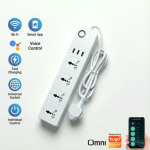 WiFi Extension Board in white, laid flat on a plain background. It features 4 universal sockets, 3 USB ports, a power button, and a coiled cable with a plug. To the left, blue icons highlight its features: Wi-Fi, Smart App control, Voice Control with Google Assistant and Alexa logos, Fast Charging, Universal Socket compatibility, and Individual Control for each outlet