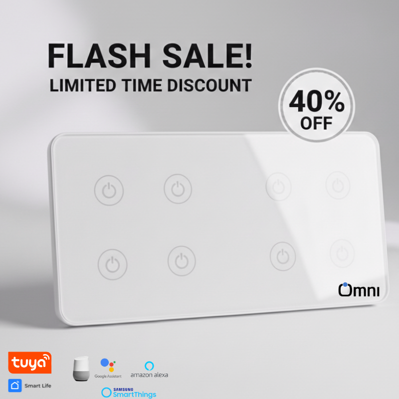 Omni Slim 8 Gang Double Module Smart Switch in Black Glass finish for Pakistani homes.