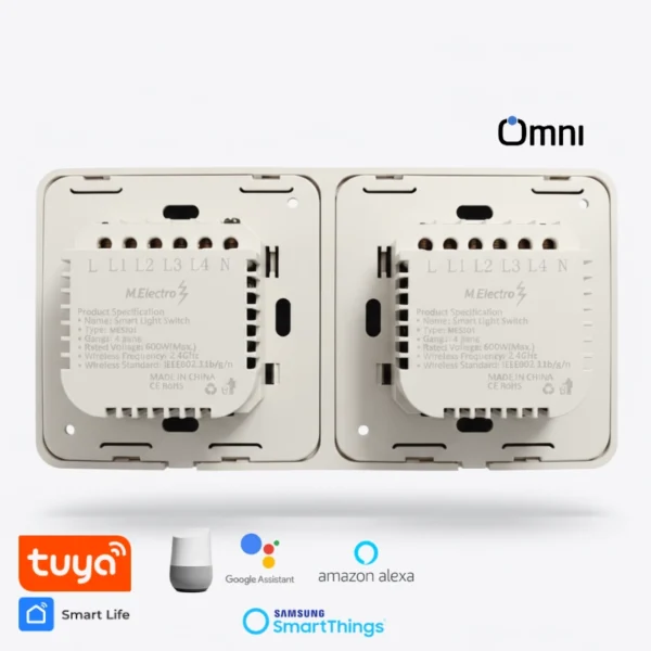 Back view of Omni 8-Gang Smart Switch showing dual power input terminals for separate UPS and Wapda module wiring.
