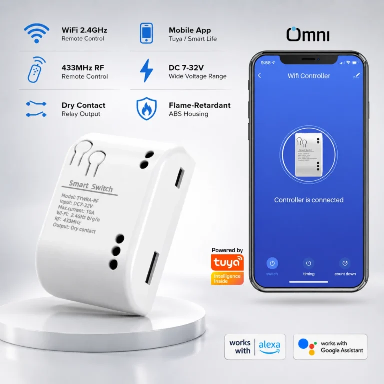 10A Smart DC WiFi Relay Switch Module (7-32V) with RF 433MHz support, Tuya Smart Life app control, compatible with Alexa and Google Home for garage door and gate lock automation