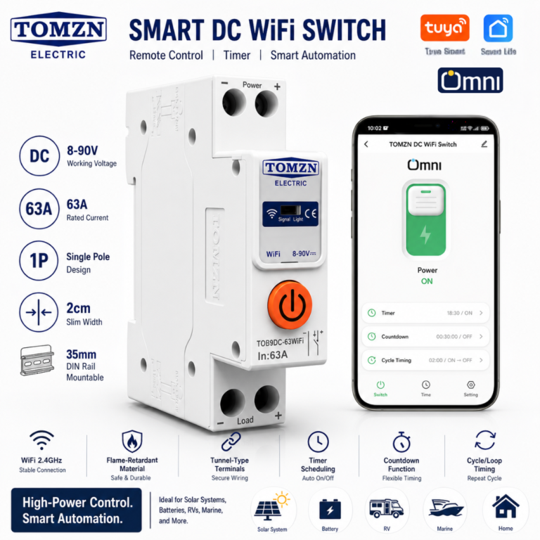 TOMZN TOB9DC-63 smart WiFi DC breaker and timer switch for solar and battery systems in Pakistan