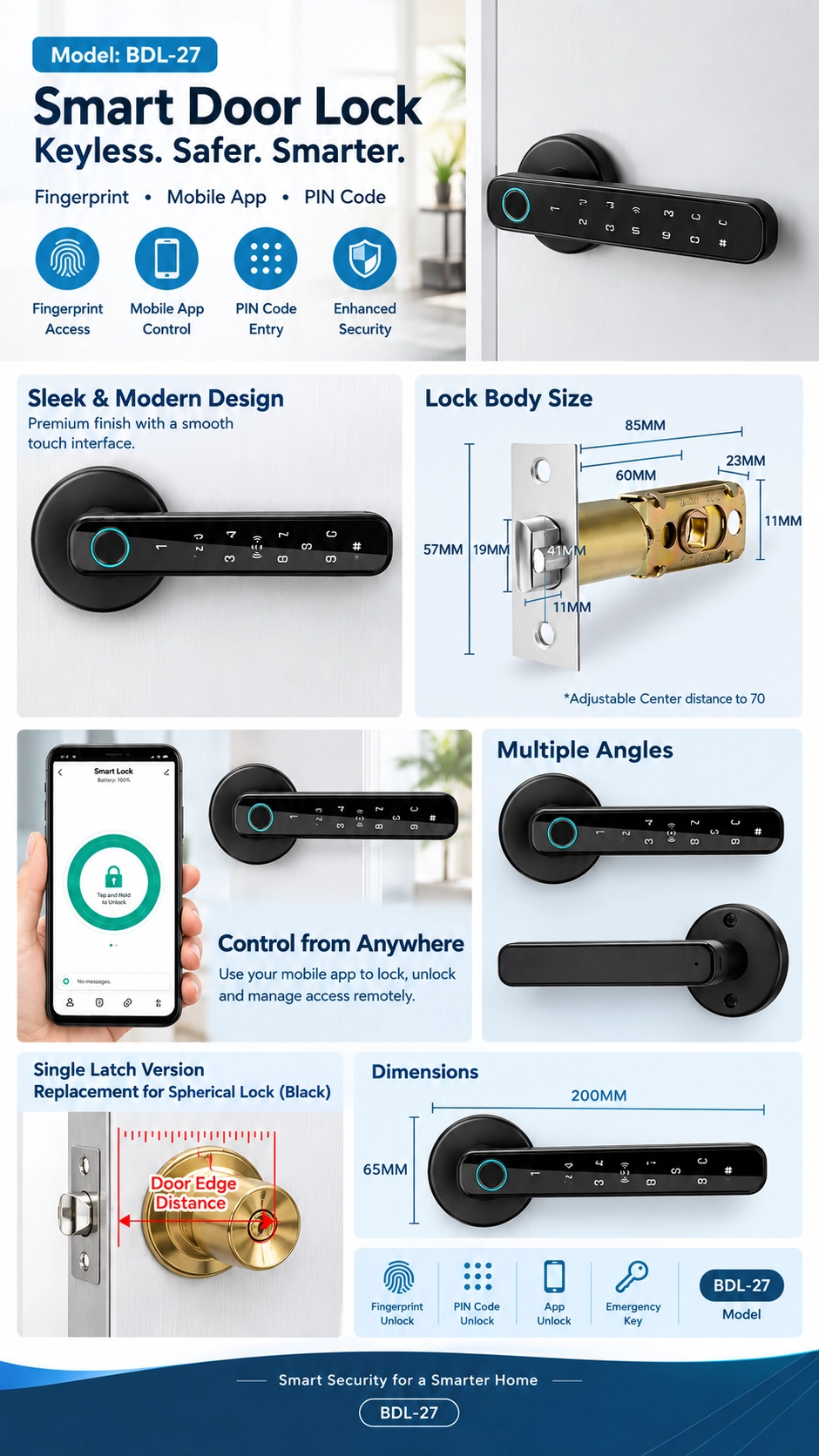 Smart door handle lock - fingerprint door handle 2 BDL-27 smart door handle lock dimension diagram for checking compatibility with an interior wooden room door. Confirm all measurements, including door thickness, lock-body size, backset, mortise and handle-plate dimensions, before installation.