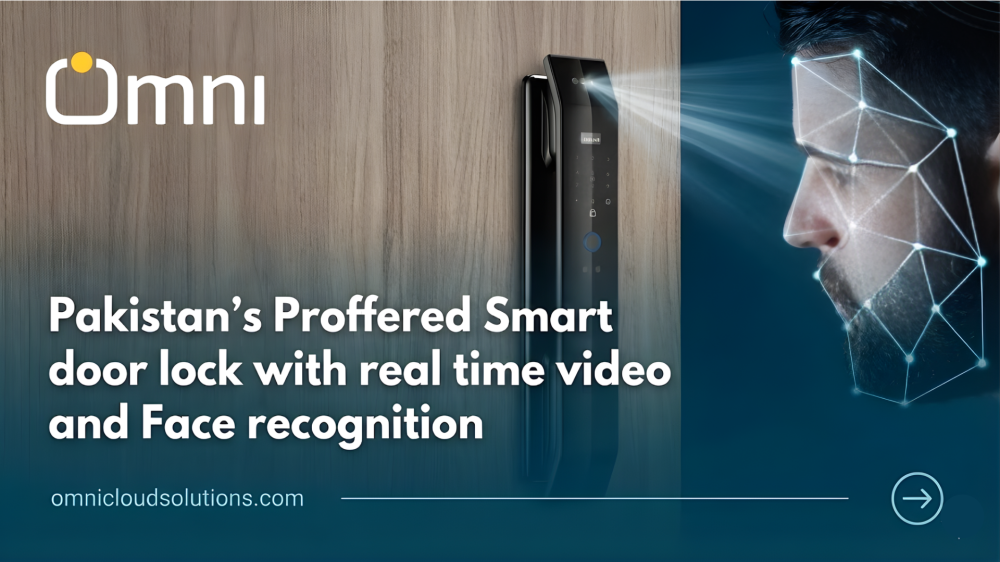 Omni Cloud Solutions smart door lock featuring 3D face recognition, real-time video camera, and fingerprint scanner on a wooden door.
